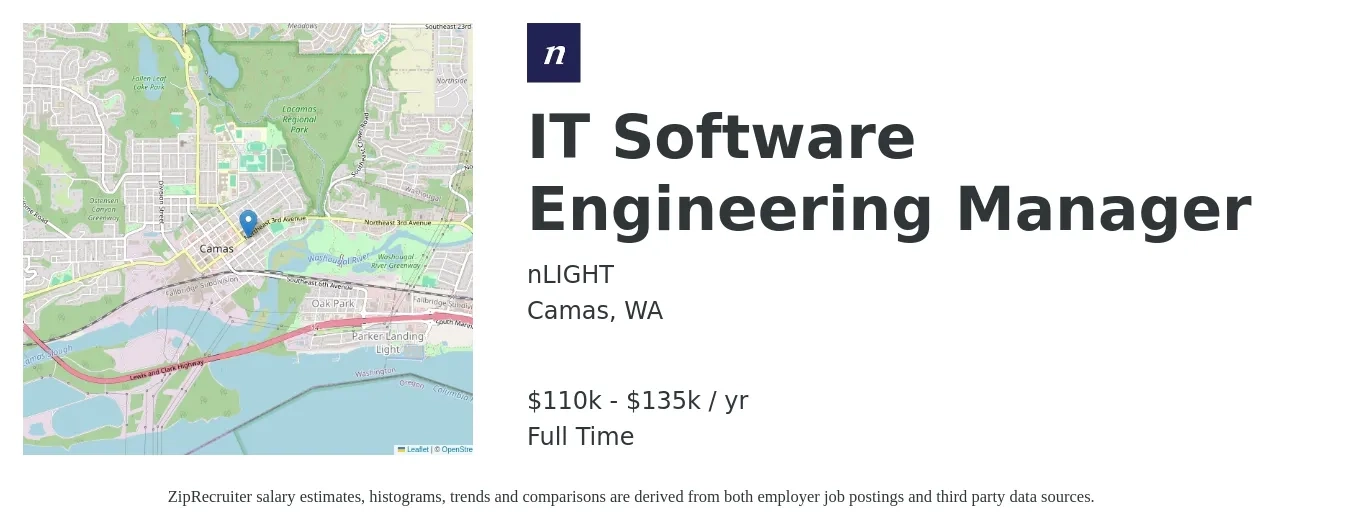 nLIGHT job posting for a IT Software Engineering Manager in Camas, WA with a salary of $100,000 to $130,000 Yearly with a map of Camas location.