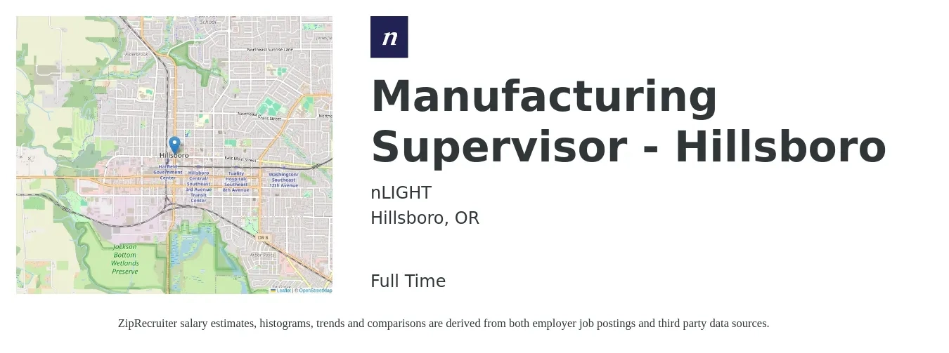 nLIGHT job posting for a Manufacturing Supervisor - Hillsboro in Hillsboro, OR with a salary of $72,000 to $90,000 Yearly with a map of Hillsboro location.
