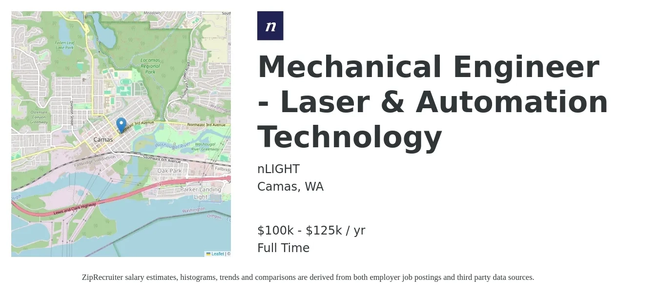 nLIGHT job posting for a Mechanical Engineer - Laser & Automation Technology in Camas, WA with a salary of $100,000 to $120,000 Yearly with a map of Camas location.
