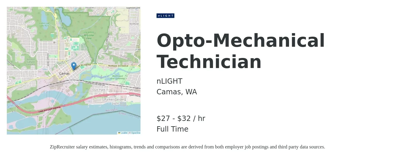 nLIGHT job posting for a Opto-Mechanical Technician in Camas, WA with a salary of $29 to $34 Hourly with a map of Camas location.
