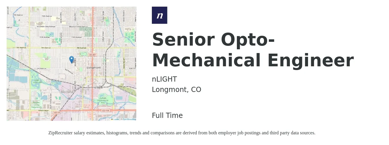 nLIGHT job posting for a Senior Opto-Mechanical Engineer in Longmont, CO with a salary of $100,000 to $180,000 Yearly with a map of Longmont location.