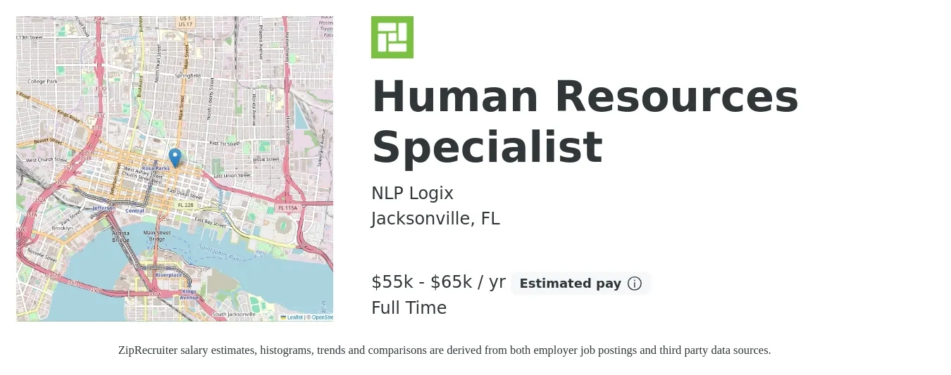 NLP Logix job posting for a Human Resources Specialist in Jacksonville, FL with a salary of $55,000 to $65,000 Yearly with a map of Jacksonville location.