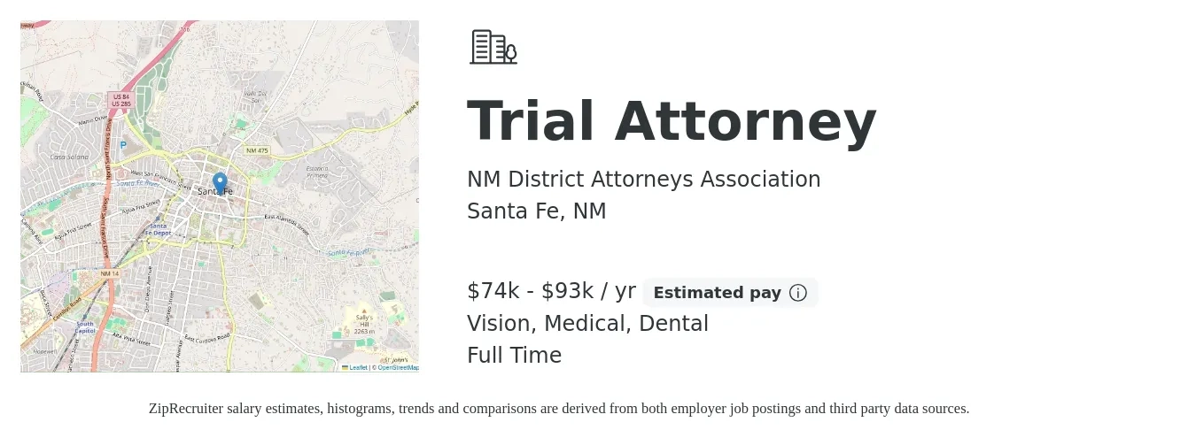 NM District Attorneys Association job posting for a Trial Attorney in Santa Fe, NM with a salary of $74,886 to $93,607 Yearly and benefits including dental, medical, retirement, and vision with a map of Santa Fe location.