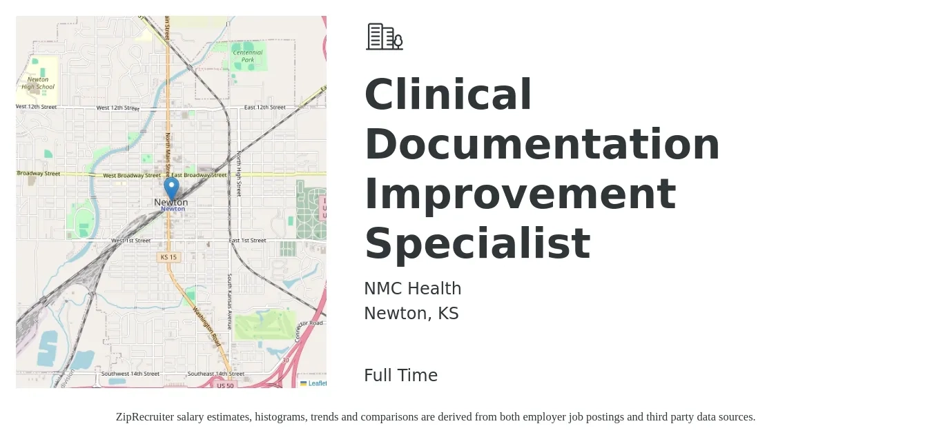 NMC Health job posting for a Clinical Documentation Improvement Specialist in Newton, KS with a salary of $30 to $41 Hourly with a map of Newton location.