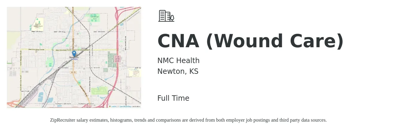NMC Health job posting for a CNA (Wound Care) in Newton, KS with a salary of $15 to $21 Hourly with a map of Newton location.