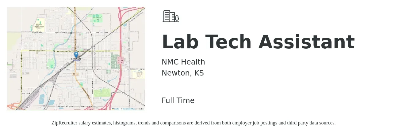 NMC Health job posting for a Lab Tech Assistant in Newton, KS with a salary of $15 to $21 Hourly with a map of Newton location.