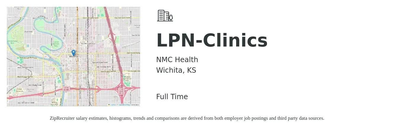 NMC Health job posting for a LPN-Clinics in Wichita, KS with a salary of $23 to $31 Hourly with a map of Wichita location.