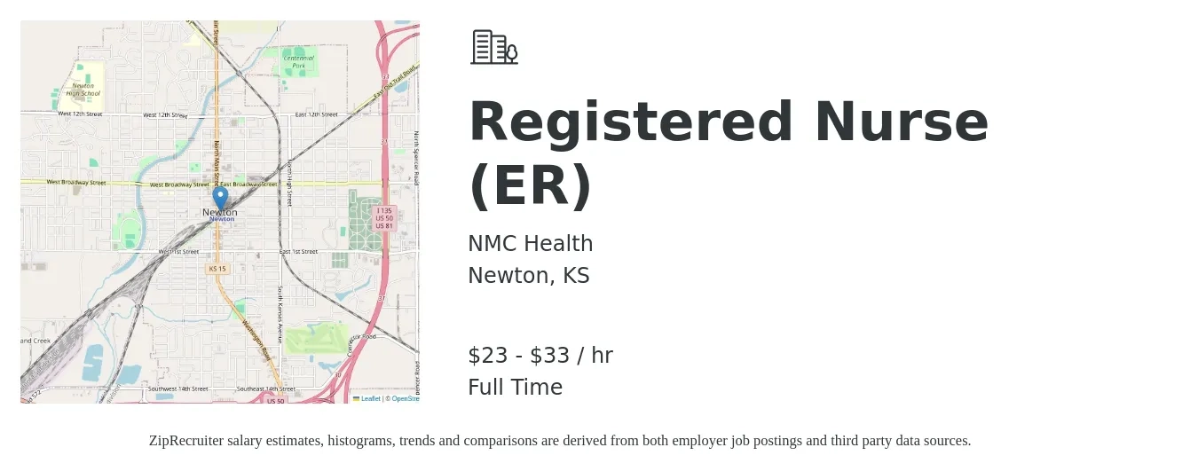 NMC Health job posting for a Registered Nurse (ER) in Newton, KS with a salary of $25 to $35 Hourly with a map of Newton location.