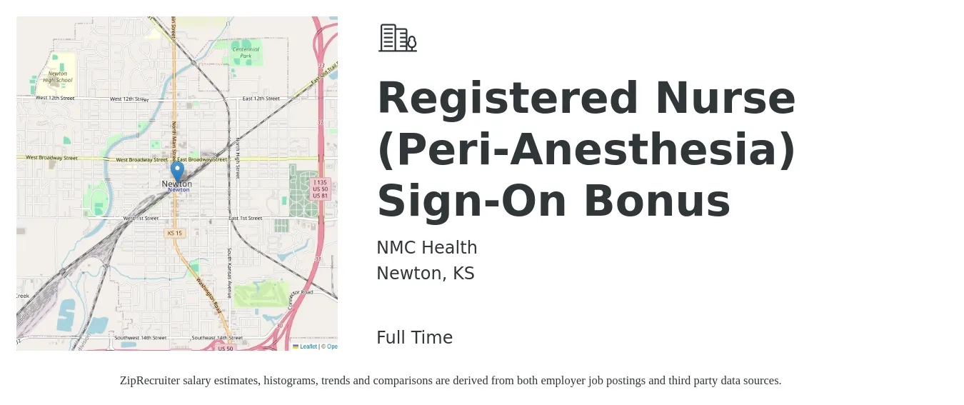 NMC Health job posting for a Registered Nurse (Peri-Anesthesia) Sign-On Bonus in Newton, KS with a salary of $1,520 to $2,240 Weekly with a map of Newton location.