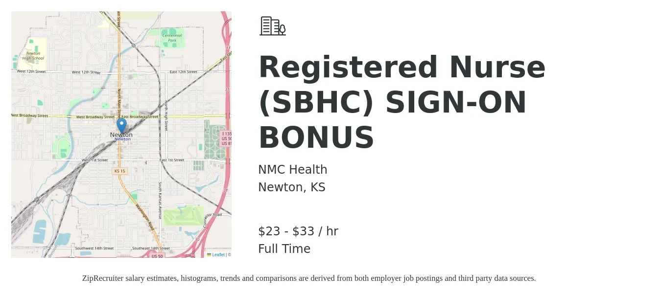NMC Health job posting for a Registered Nurse (SBHC) SIGN-ON BONUS in Newton, KS with a salary of $25 to $35 Hourly with a map of Newton location.