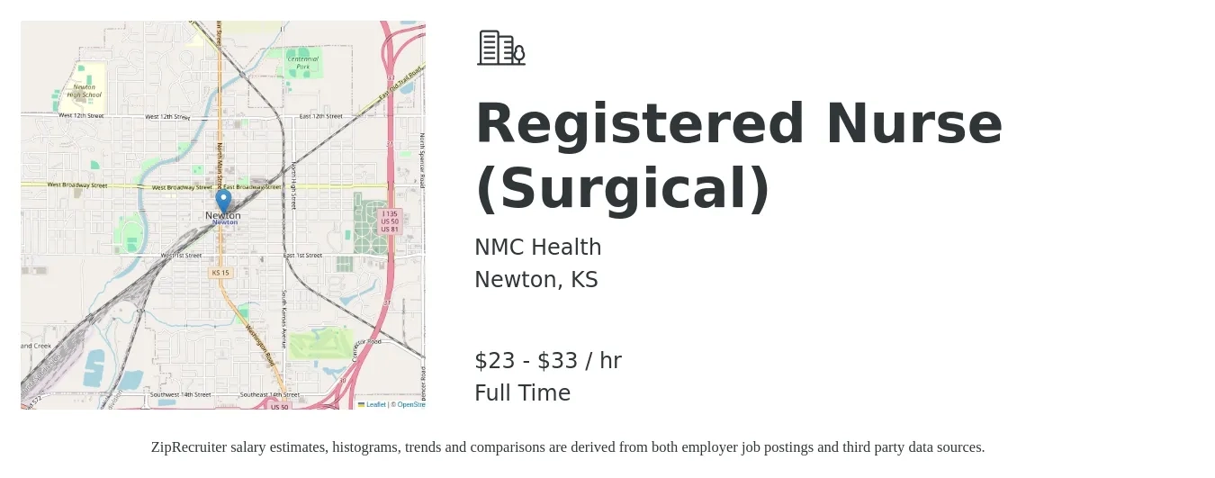 NMC Health job posting for a Registered Nurse (Surgical) in Newton, KS with a salary of $25 to $35 Hourly with a map of Newton location.