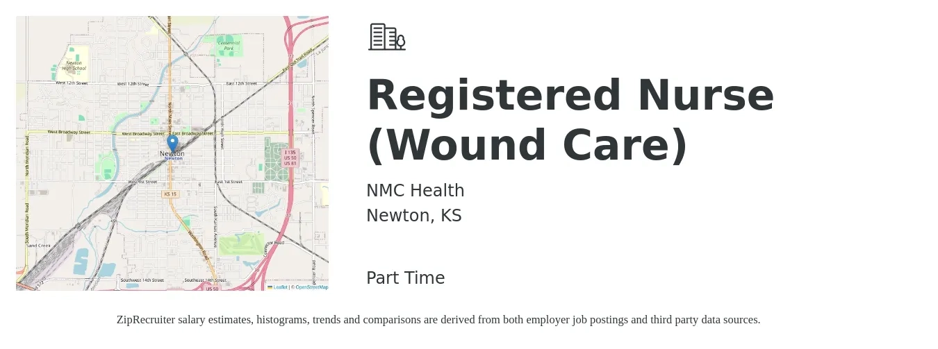 NMC Health job posting for a Registered Nurse (Wound Care) in Newton, KS with a salary of $29 to $46 Hourly with a map of Newton location.