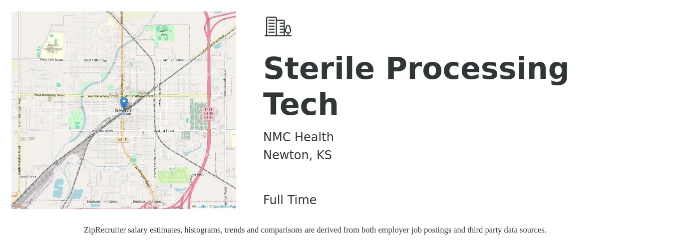 NMC Health job posting for a Sterile Processing Tech in Newton, KS with a salary of $18 to $30 Hourly with a map of Newton location.