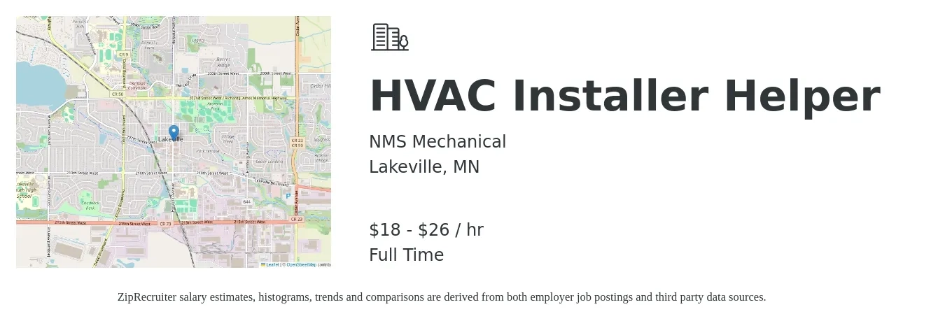 NMS Mechanical job posting for a HVAC Installer Helper in Lakeville, MN with a salary of $19 to $28 Hourly with a map of Lakeville location.