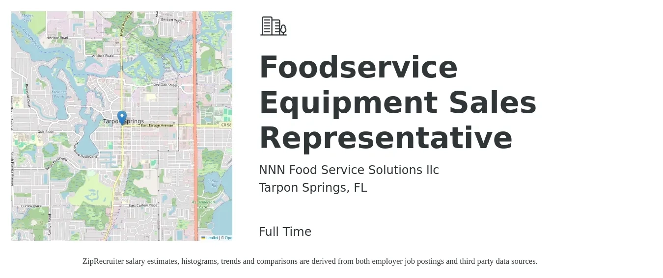 NNN Food Service Solutions llc job posting for a Foodservice Equipment Sales Representative in Tarpon Springs, FL with a salary of $46,400 to $80,700 Yearly with a map of Tarpon Springs location.