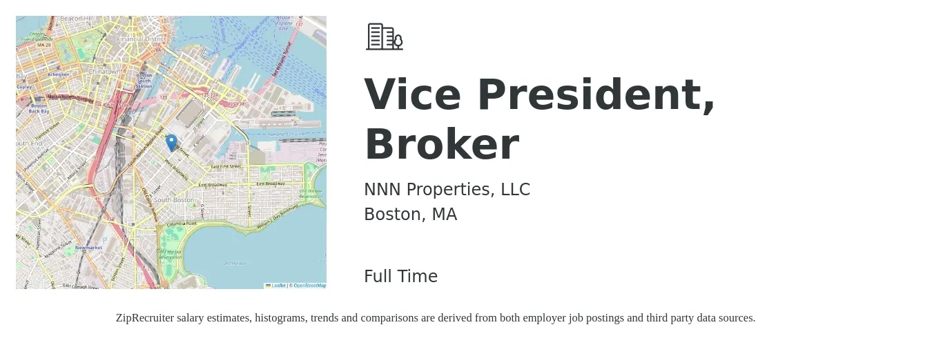 NNN Properties, LLC job posting for a Vice President, Broker in Boston, MA with a salary of $124,900 to $206,400 Yearly with a map of Boston location.
