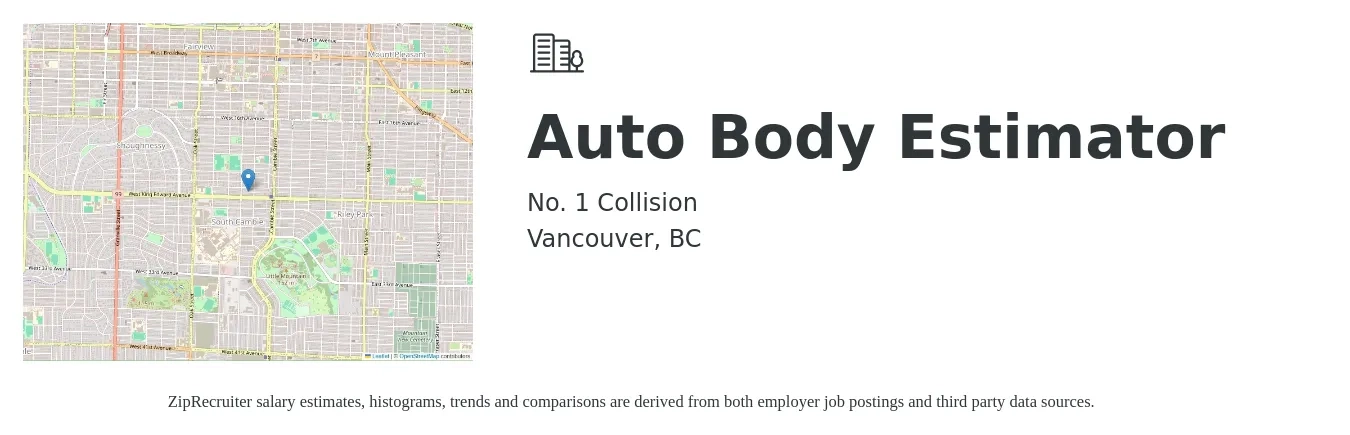 No. 1 Collision job posting for a Auto Body Estimator in Vancouver, BC with a salary of $58,000 to $75,000 Yearly with a map of Vancouver location.