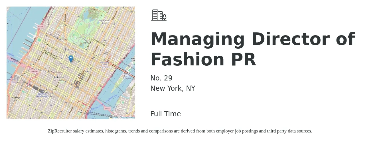 No. 29 job posting for a Managing Director of Fashion PR in New York, NY with a salary of $125,000 to $150,000 Yearly with a map of New York location.