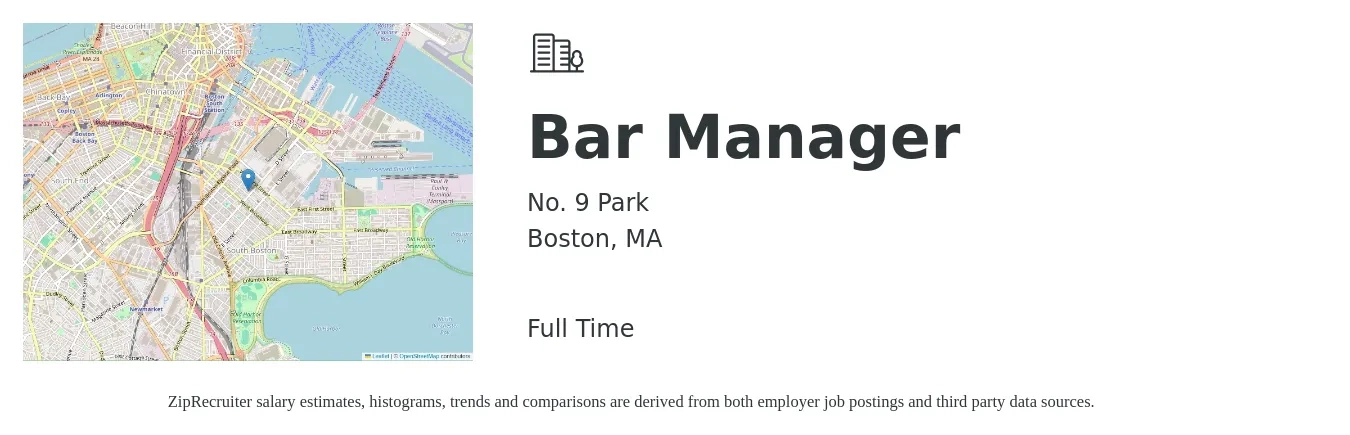 No. 9 Park job posting for a Bar Manager in Boston, MA with a salary of $42,400 to $75,000 Yearly with a map of Boston location.