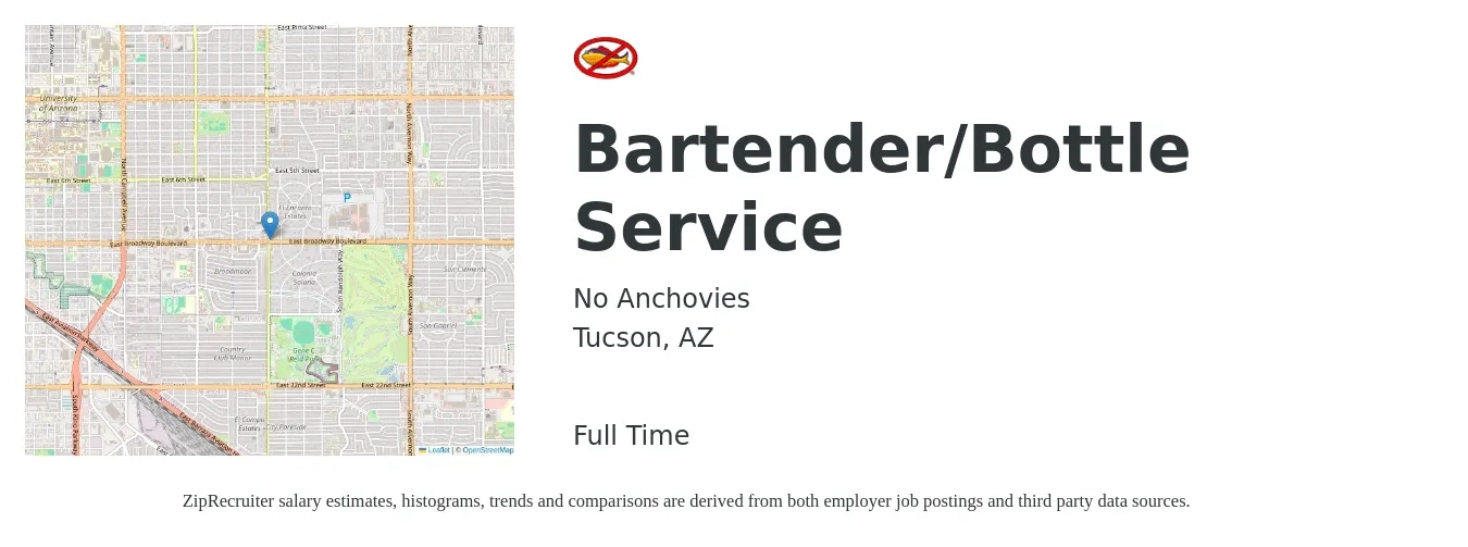 No Anchovies job posting for a Bartender/Bottle Service in Tucson, AZ with a salary of $8 to $16 Hourly with a map of Tucson location.