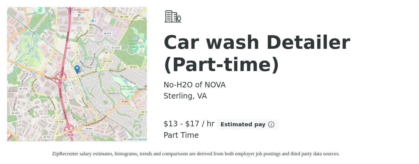 No-H2O of NOVA job posting for a Car wash Detailer (Part-time) in Sterling, VA with a salary of $14 to $18 Hourly with a map of Sterling location.
