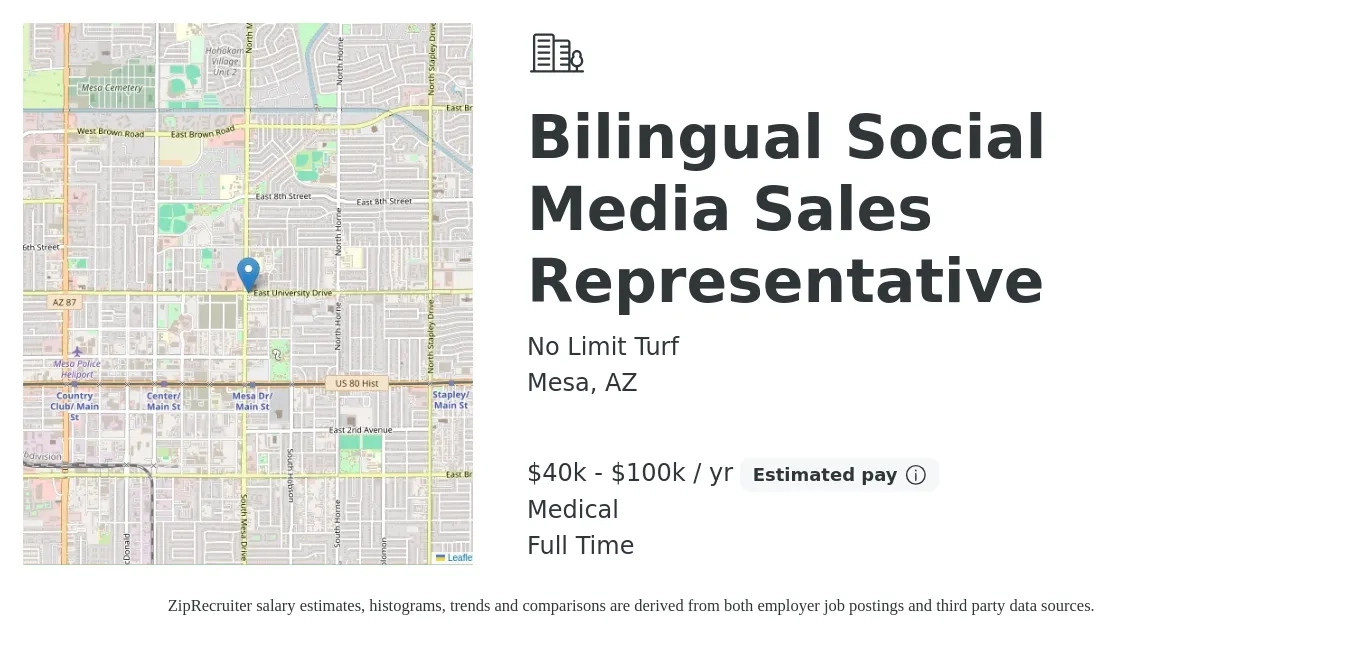 No Limit Turf job posting for a Bilingual Social Media Sales Representative in Mesa, AZ with a salary of $40,000 to $100,000 Yearly and benefits including medical with a map of Mesa location.