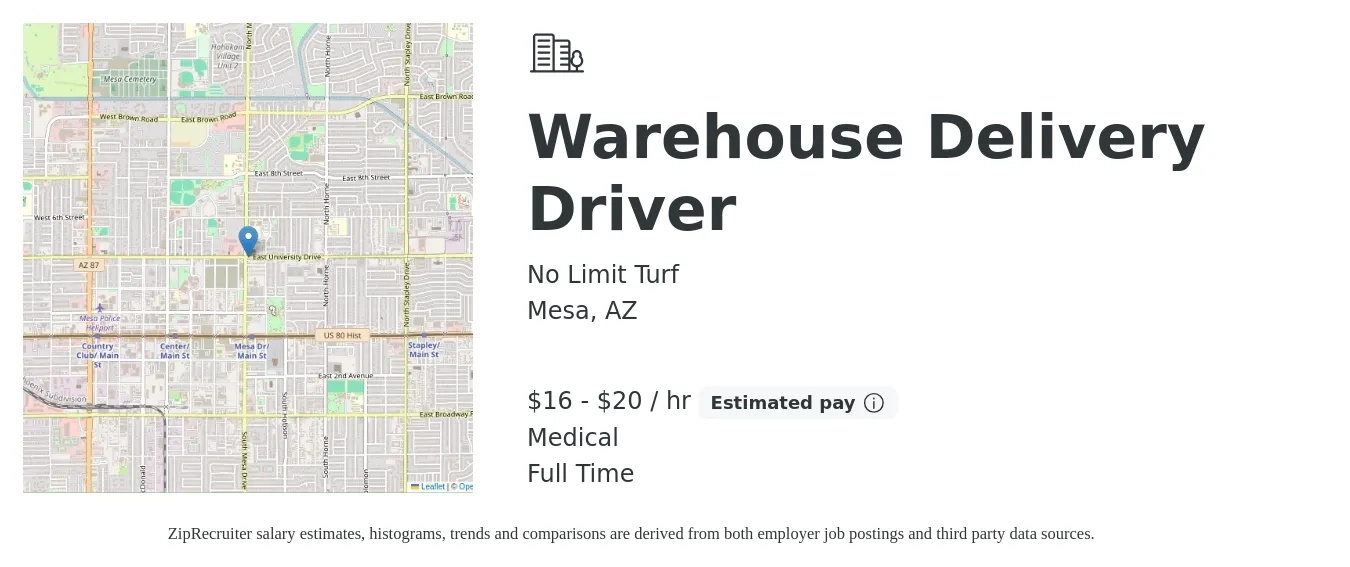 No Limit Turf job posting for a Warehouse Delivery Driver in Mesa, AZ with a salary of $17 to $21 Hourly and benefits including medical with a map of Mesa location.