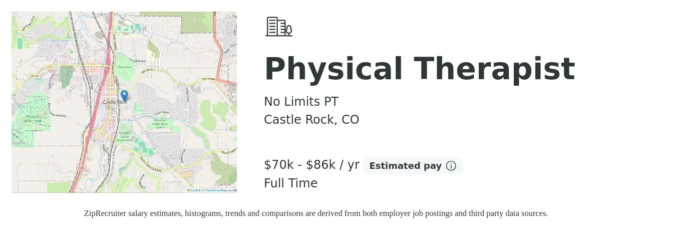 No Limits PT job posting for a Physical Therapist in Castle Rock, CO with a salary of $70,000 to $80,000 Yearly with a map of Castle Rock location.