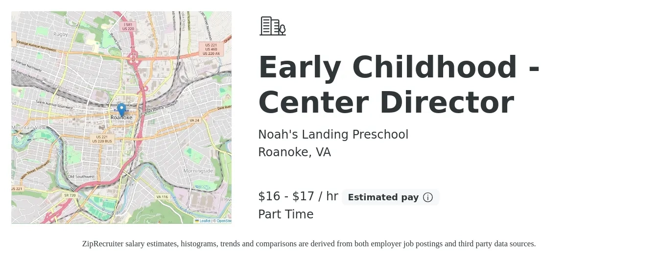 Noah's Landing Preschool job posting for a Early Childhood - Center Director in Roanoke, VA with a salary of $17 to $18 Hourly with a map of Roanoke location.