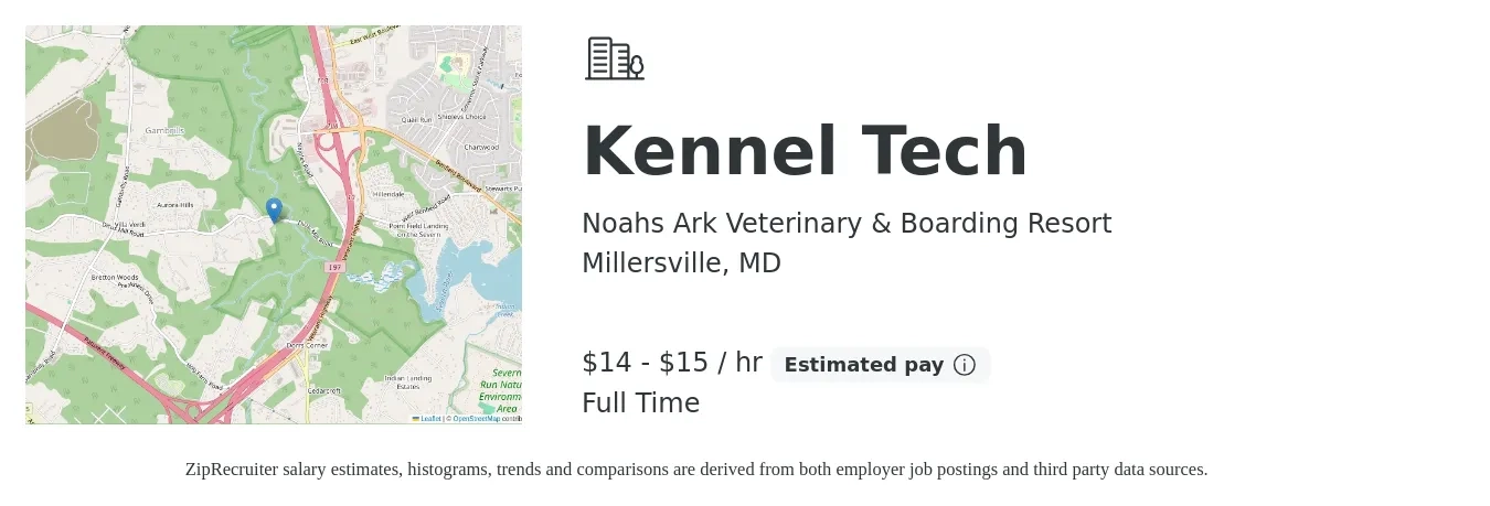 Noahs Ark Veterinary & Boarding Resort job posting for a Kennel Tech in Millersville, MD with a salary of $15 to $16 Hourly with a map of Millersville location.