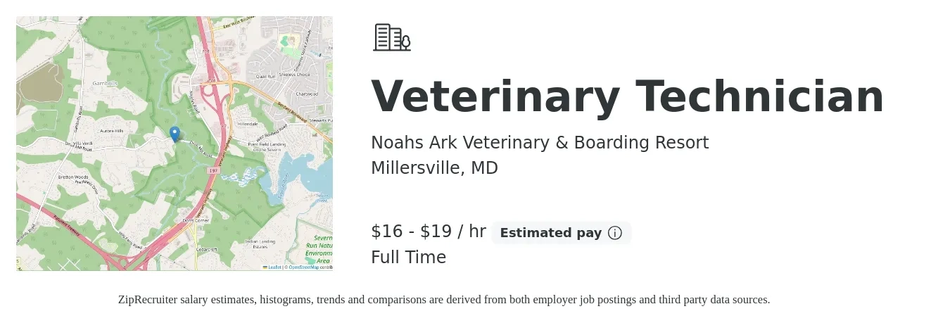 Noahs Ark Veterinary & Boarding Resort job posting for a Veterinary Technician in Millersville, MD with a salary of $17 to $20 Hourly with a map of Millersville location.