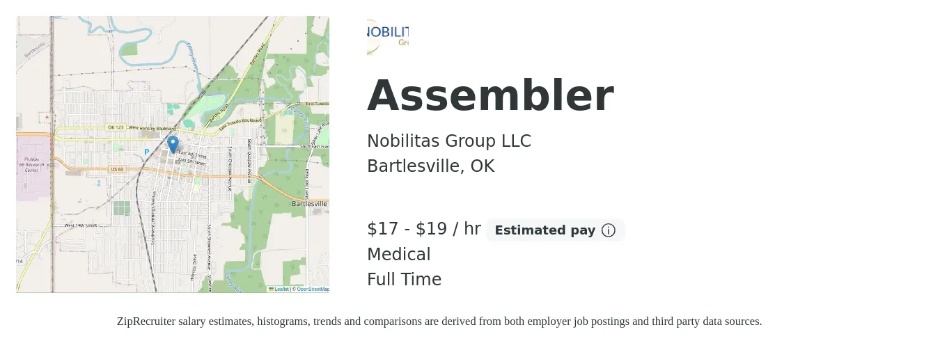 Nobilitas Group LLC job posting for a Assembler in Bartlesville, OK with a salary of $18 to $20 Hourly and benefits including medical with a map of Bartlesville location.
