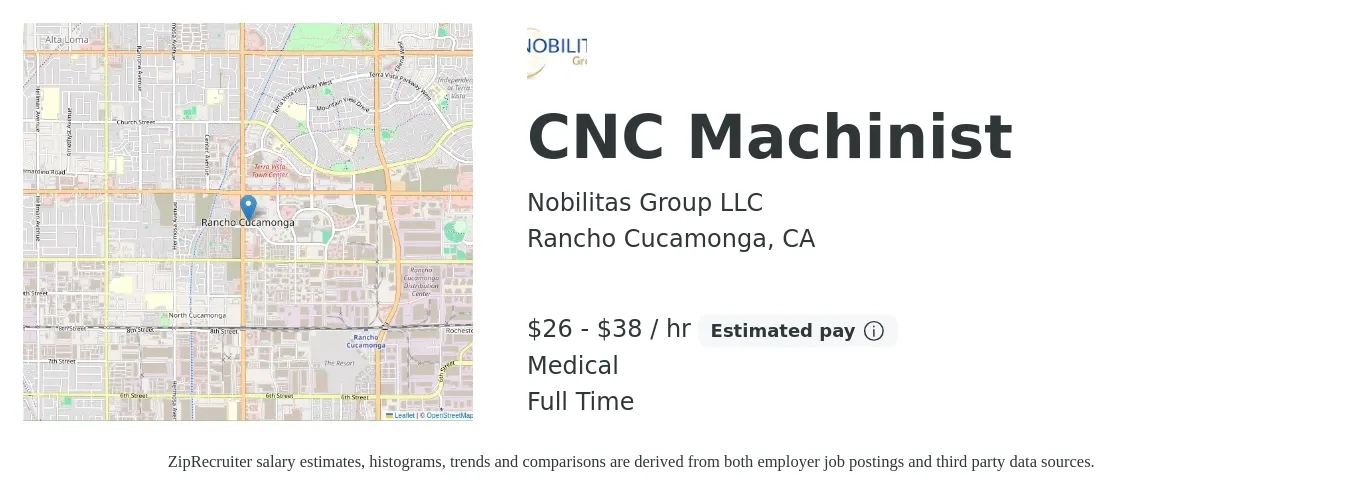 Nobilitas Group LLC job posting for a CNC Machinist in Rancho Cucamonga, CA with a salary of $28 to $40 Hourly and benefits including medical with a map of Rancho Cucamonga location.