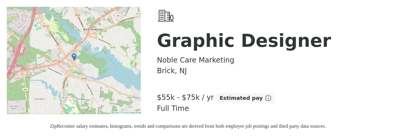 Noble Care Marketing job posting for a Graphic Designer in Brick, NJ with a salary of $55,000 to $75,000 Yearly with a map of Brick location.