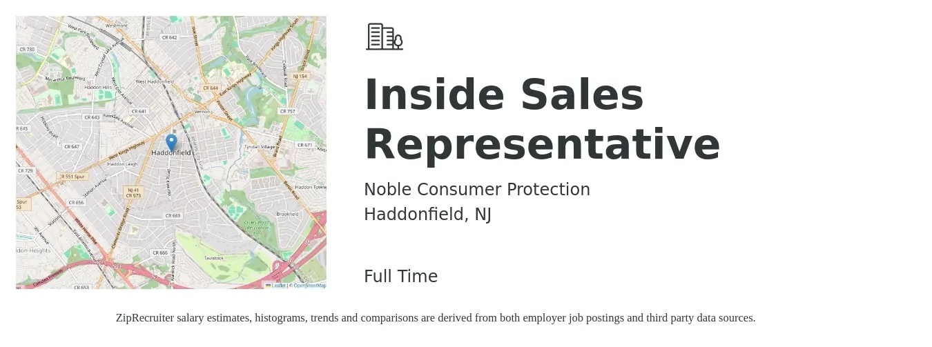 Noble Consumer Protection job posting for a Inside Sales Representative in Haddonfield, NJ with a salary of $38,100 to $56,800 Yearly with a map of Haddonfield location.