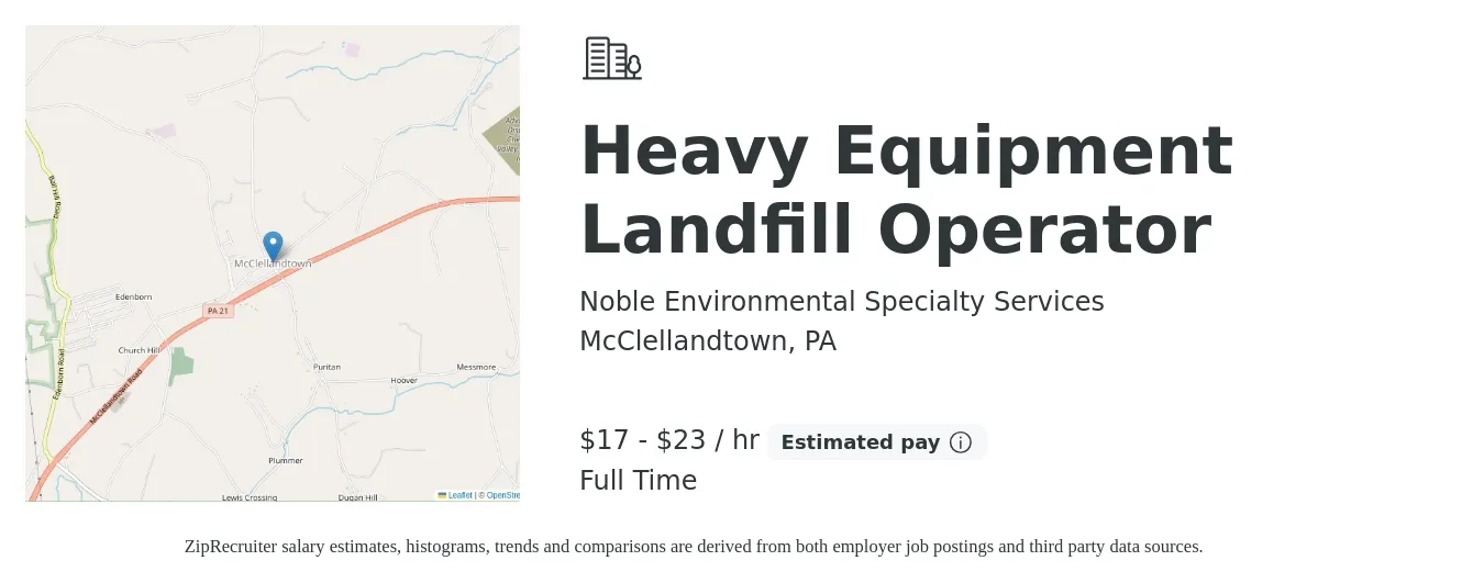 Noble Environmental Specialty Services job posting for a Heavy Equipment Landfill Operator in McClellandtown, PA with a salary of $18 to $24 Hourly with a map of McClellandtown location.