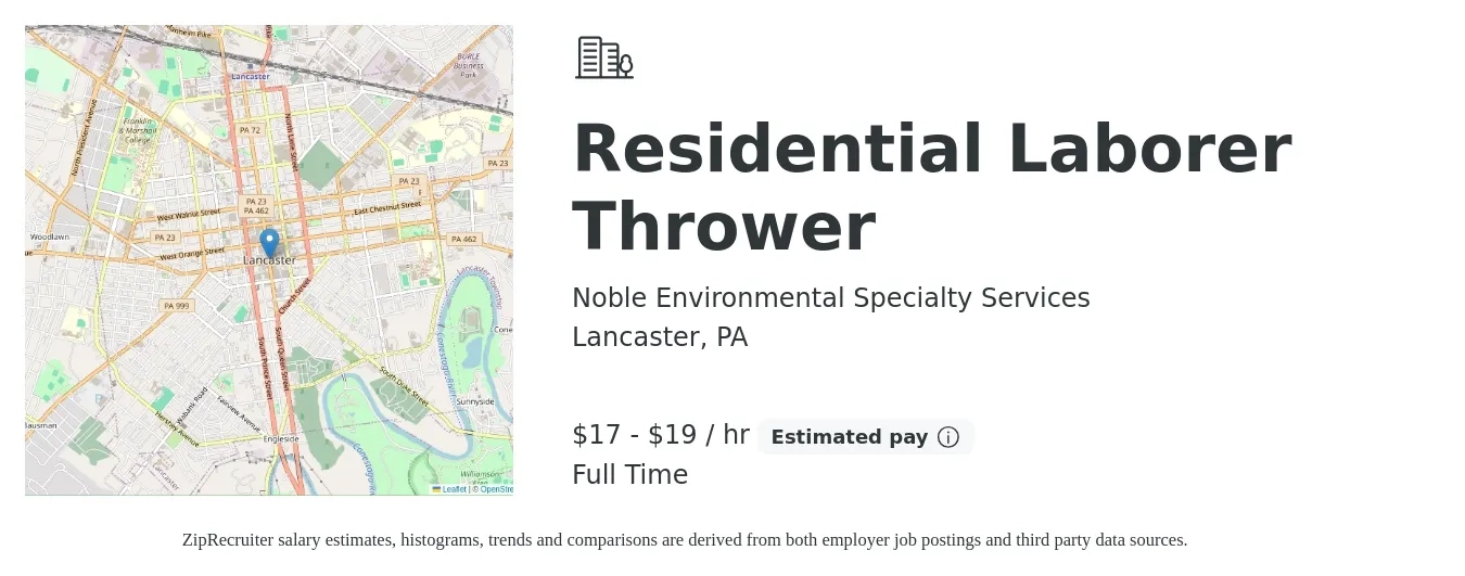 Noble Environmental Specialty Services job posting for a Residential Laborer Thrower in Lancaster, PA with a salary of $18 to $20 Hourly with a map of Lancaster location.