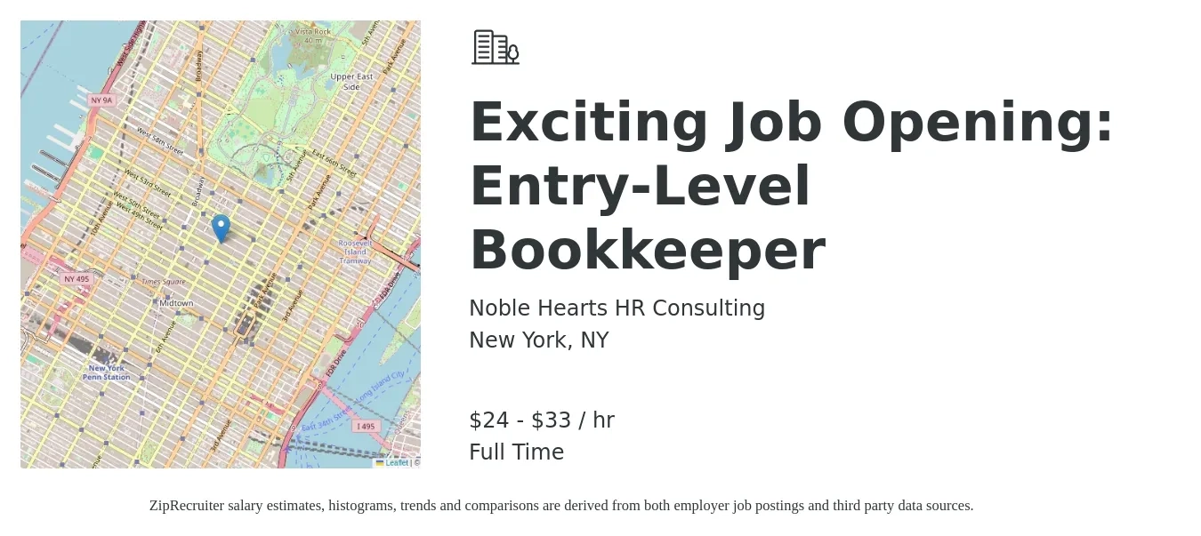 Noble Hearts HR Consulting job posting for a Exciting Job Opening: Entry-Level Bookkeeper in New York, NY with a salary of $25 to $35 Hourly with a map of New York location.