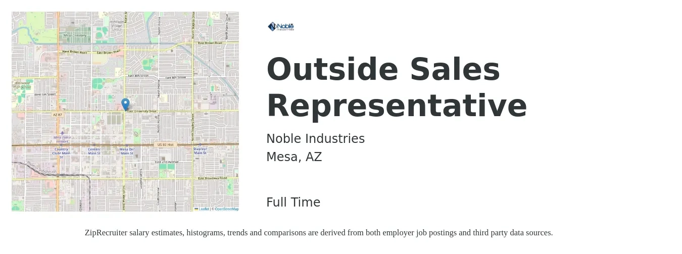 Noble Industries job posting for a Outside Sales Representative in Mesa, AZ with a salary of $50,000 Yearly with a map of Mesa location.