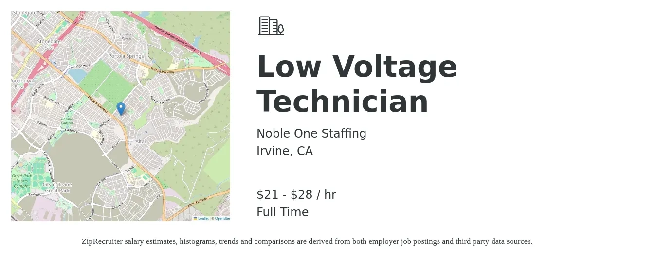 Noble One Staffing job posting for a Low Voltage Technician in Irvine, CA with a salary of $22 to $30 Hourly with a map of Irvine location.