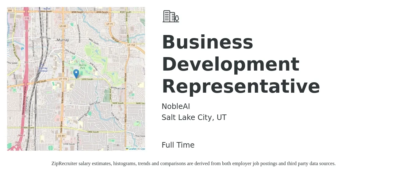 NobleAI job posting for a Business Development Representative in Salt Lake City, UT with a salary of $100,000 to $130,000 Yearly with a map of Salt Lake City location.