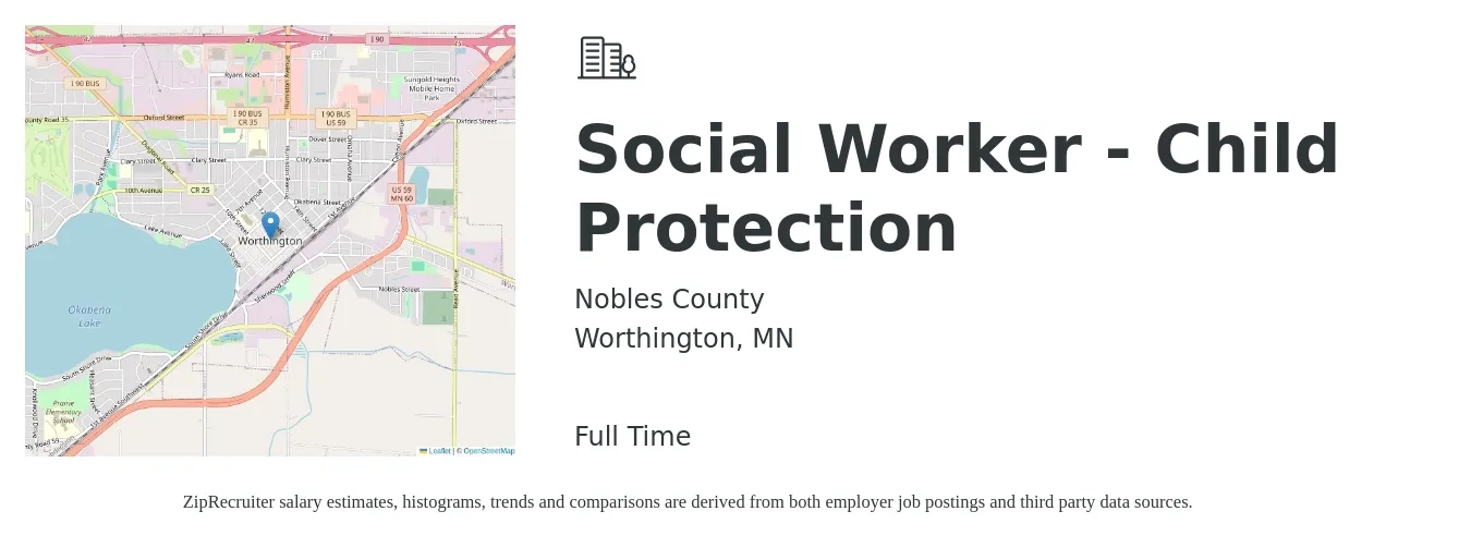 Nobles County job posting for a Social Worker - Child Protection in Worthington, MN with a salary of $59,200 to $91,800 Yearly with a map of Worthington location.