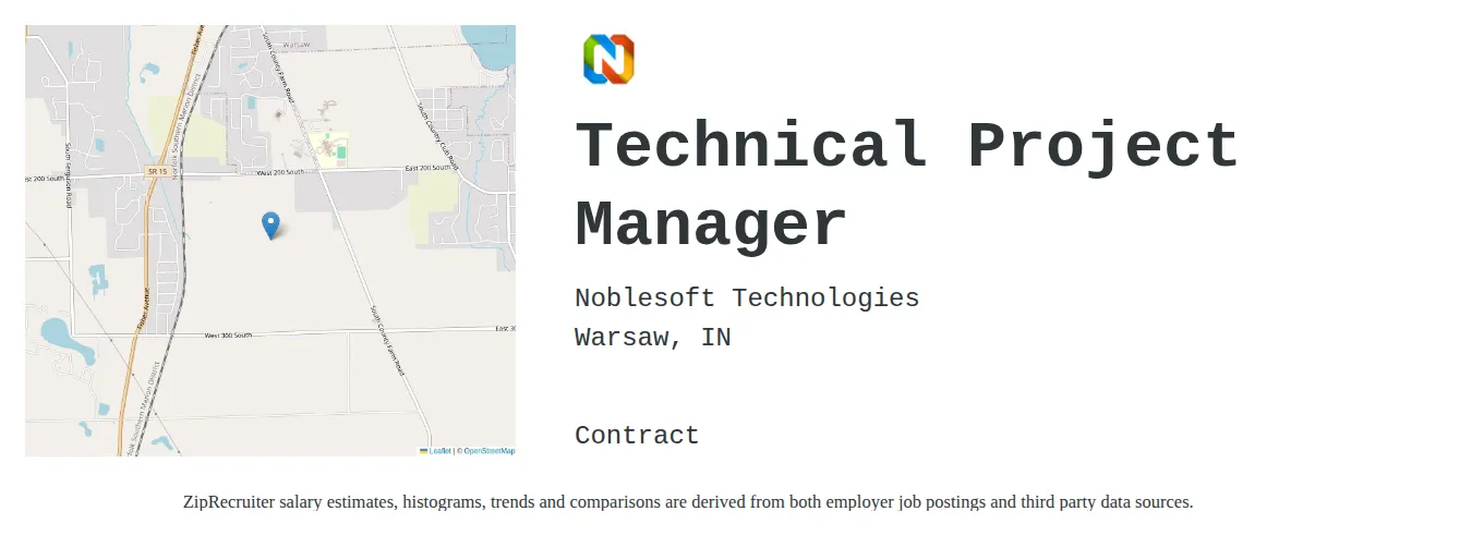 Noblesoft Technologies job posting for a Technical Project Manager in Warsaw, IN with a salary of $92,600 to $129,700 Annually with a map of Warsaw location.