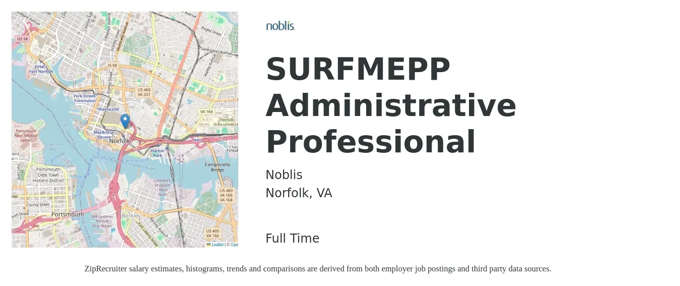 Noblis job posting for a SURFMEPP Administrative Professional in Norfolk, VA with a salary of $16 to $21 Hourly with a map of Norfolk location.