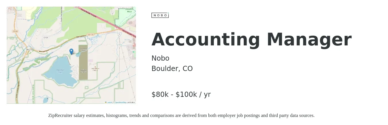 Nobo job posting for a Accounting Manager in Boulder, CO with a salary of $80,000 to $100,000 Yearly with a map of Boulder location.