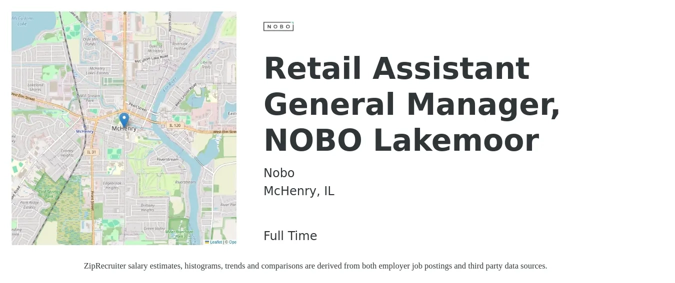 Nobo job posting for a Retail Assistant General Manager, NOBO Lakemoor in McHenry, IL with a salary of $16 to $22 Hourly with a map of McHenry location.