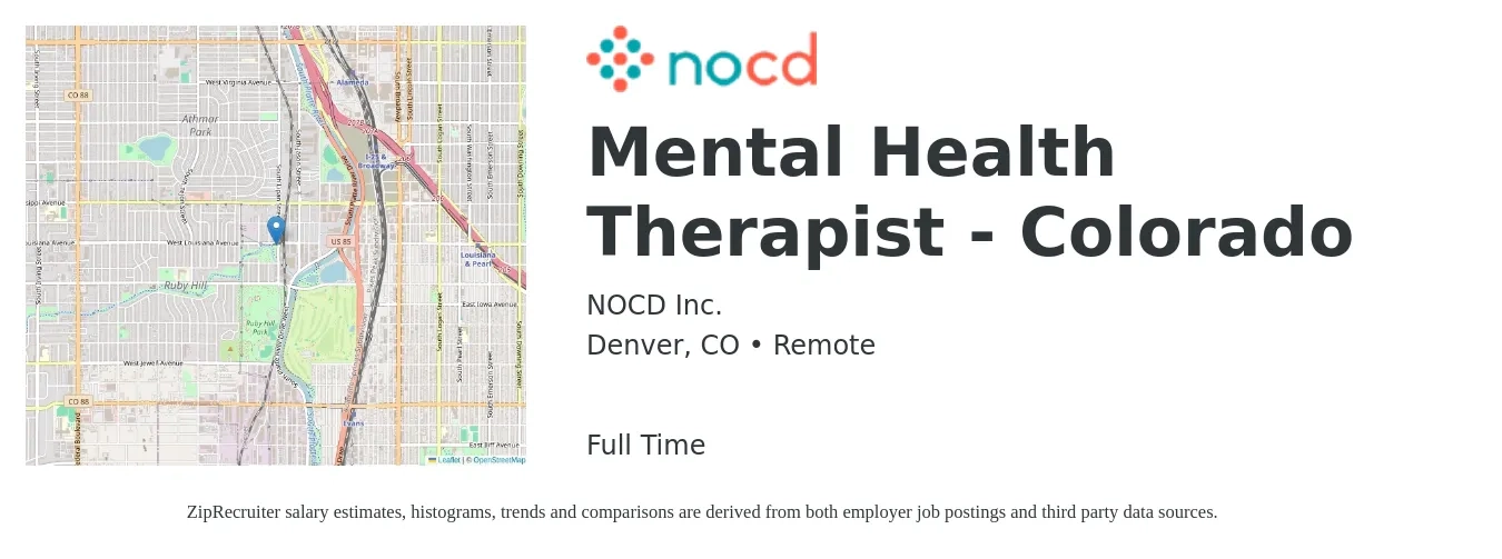 NOCD Inc. job posting for a Mental Health Therapist - Colorado in Denver, CO with a salary of $61,800 to $87,500 Yearly with a map of Denver location.