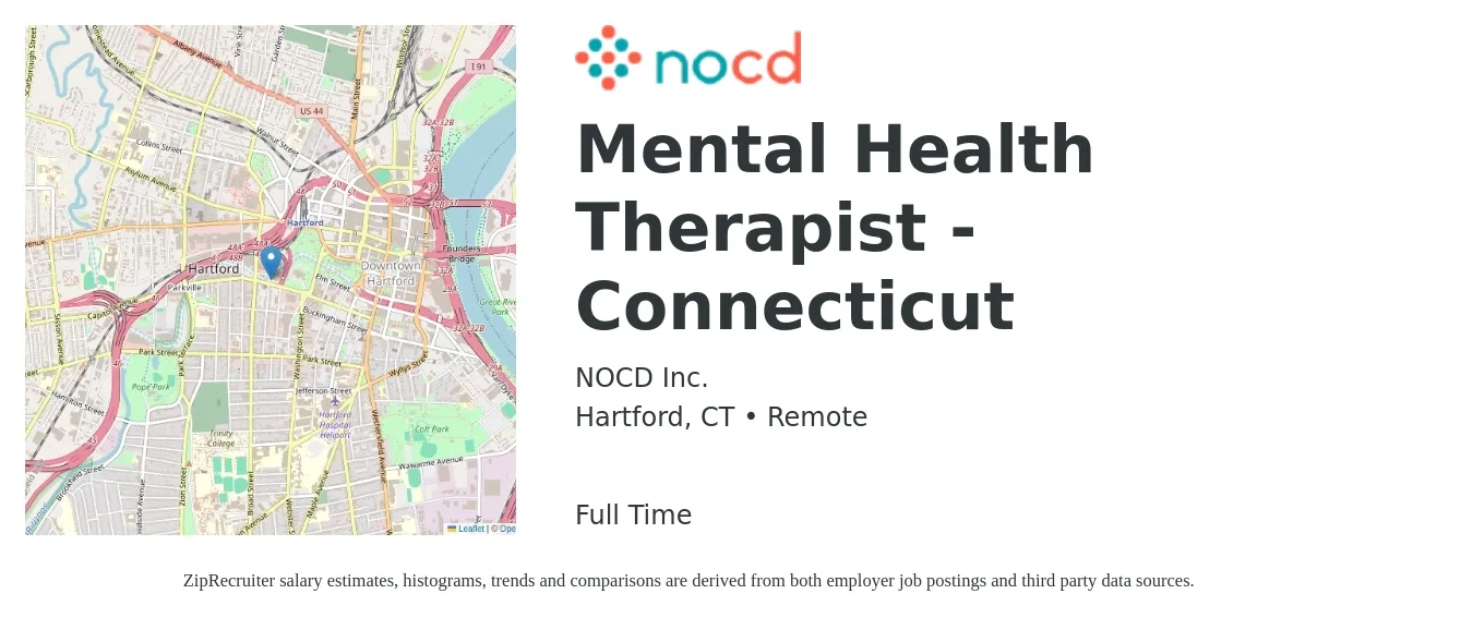 NOCD Inc. job posting for a Mental Health Therapist - Connecticut in Hartford, CT with a salary of $60,500 to $85,700 Yearly with a map of Hartford location.