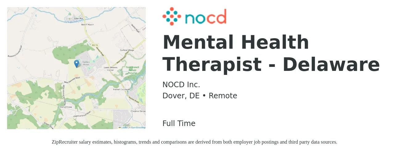 NOCD Inc. job posting for a Mental Health Therapist - Delaware in Dover, DE with a salary of $60,000 to $85,000 Yearly with a map of Dover location.