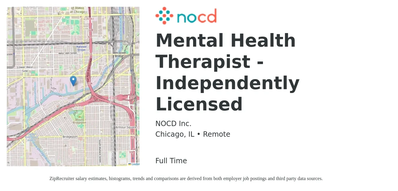 NOCD Inc. job posting for a Mental Health Therapist - Independently Licensed in Chicago, IL with a salary of $63,900 to $103,000 Yearly with a map of Chicago location.